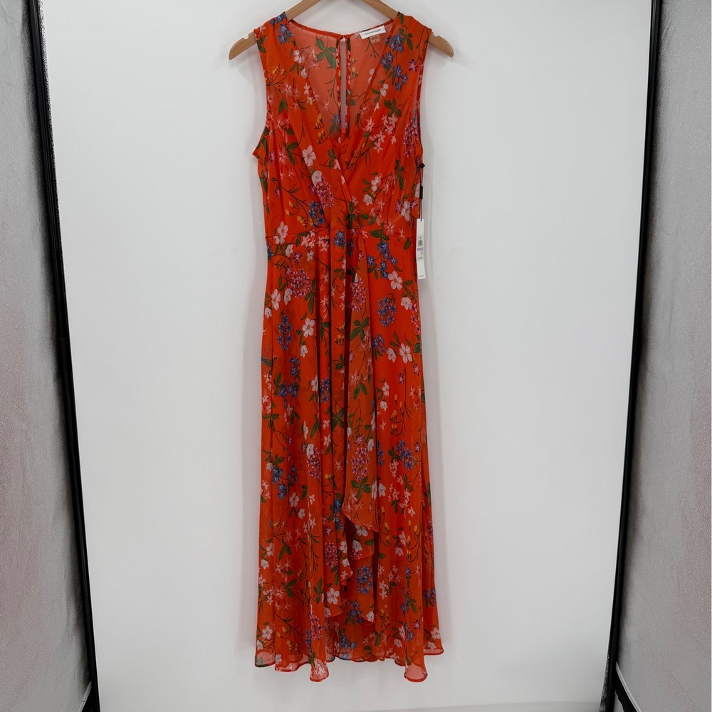 NWT Calvin Klein Floral Hi-Low Chiffon Midi Dress Orange Women Size 6